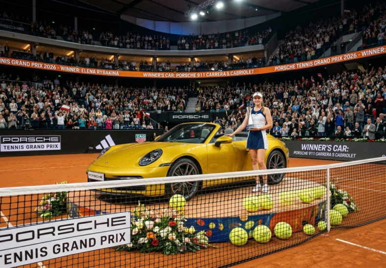 Yellow Porsche parked on a clay court with a presenter in tennis gear beside it, in front of a large cheering audience at the Porsche Tennis Grand Prix.