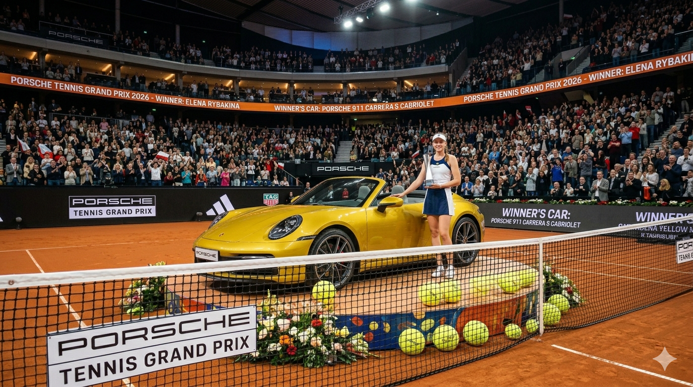 Yellow Porsche parked on a clay court with a presenter in tennis gear beside it, in front of a large cheering audience at the Porsche Tennis Grand Prix.