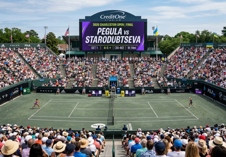 Scoreboard at Credit One Stadium showing Jessica Pegula vs Yuliia Starodubtseva in the 2026 Charleston Open final match.
