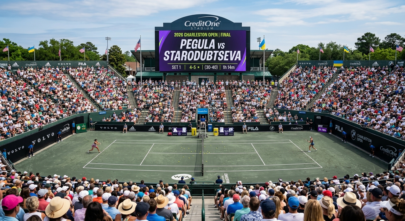 Scoreboard at Credit One Stadium showing Jessica Pegula vs Yuliia Starodubtseva in the 2026 Charleston Open final match.