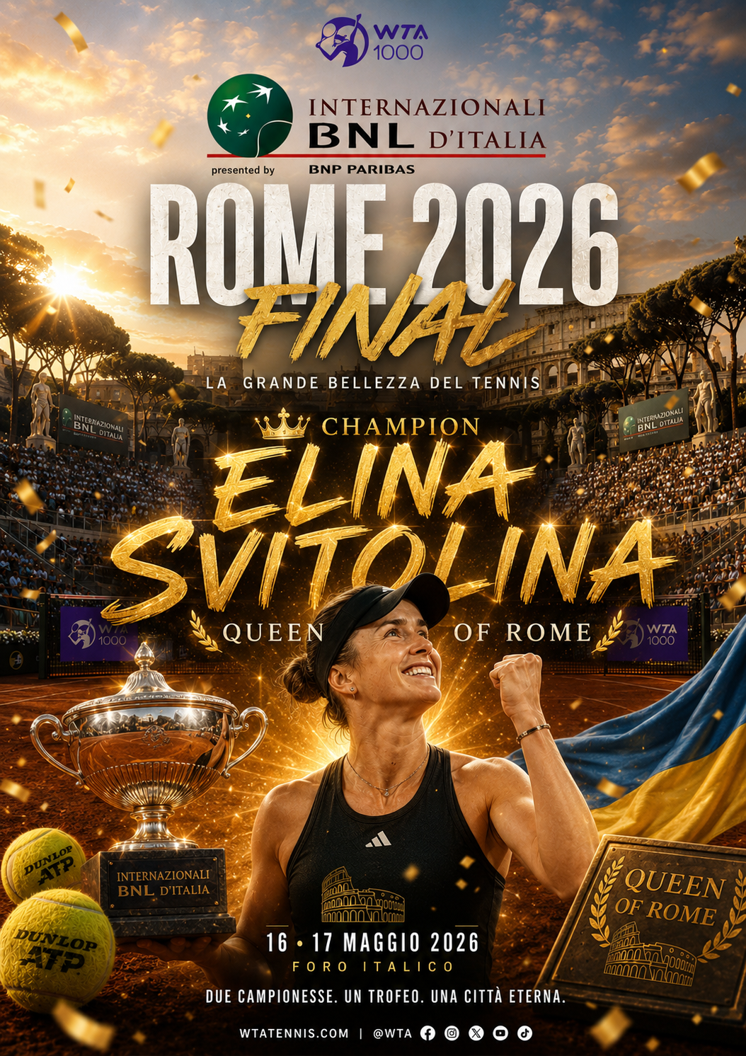 Elina Svitolina smiles with a trophy on a tennis stadium poster for Rome 2026 Final, featuring a crowd and gold lettering.
