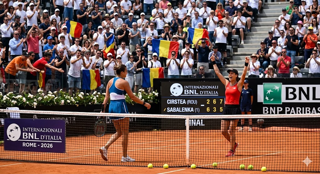 Two female tennis players on a red-clay court after a match, one with arms raised in victory as the crowd cheers with Romanian flags behind them.