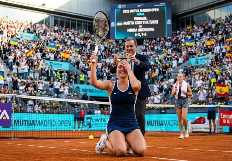 Tennis champion kneels on clay court, crown in hand, while a presenter places it on her head as a full arena cheers behind her at a Madrid Open final.