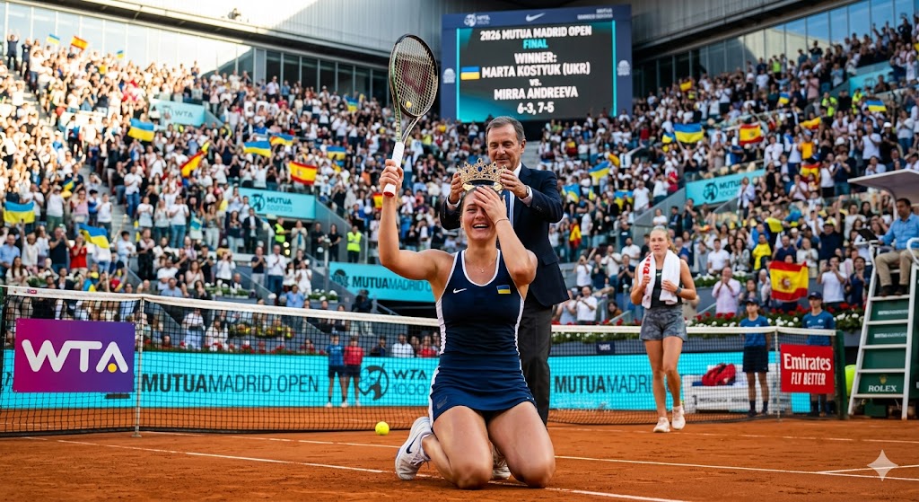 Tennis champion kneels on clay court, crown in hand, while a presenter places it on her head as a full arena cheers behind her at a Madrid Open final.