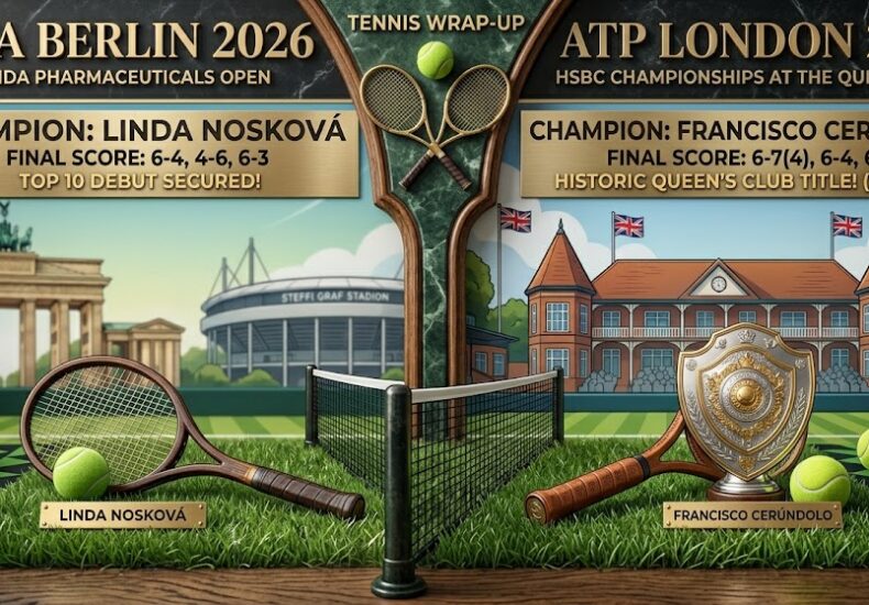 Poster-style banner for 2026 WTA Berlin and ATP London announcing champions Linda Nosková and Francisco Cerúndolo, with tennis gear, net, trophies, and stadiums in the background.