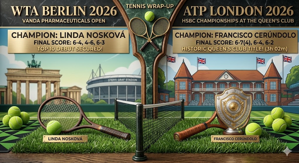 Poster-style banner for 2026 WTA Berlin and ATP London announcing champions Linda Nosková and Francisco Cerúndolo, with tennis gear, net, trophies, and stadiums in the background.
