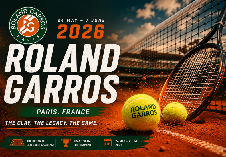 Roland Garros 2026 poster: tennis racket on clay with two balls, bold title, and Paris, France dates (May 24–June 7).