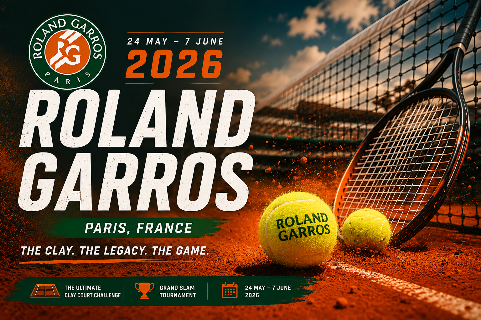 Roland Garros 2026 results | IA Tennis Academy Roland Garros 2026 poster: tennis racket on clay with two balls, bold title, and Paris, France dates (May 24–June 7).
