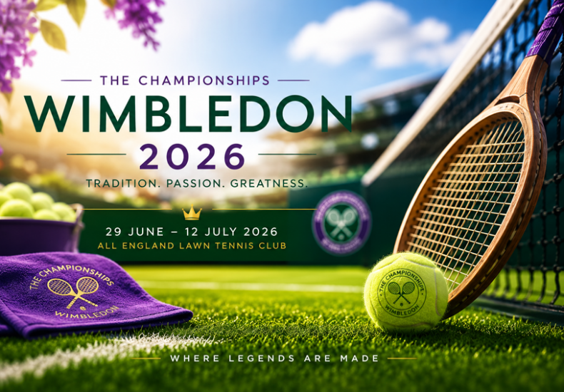 Wimbledon 2026 grass court with tennis ball, net and racket on green lawn