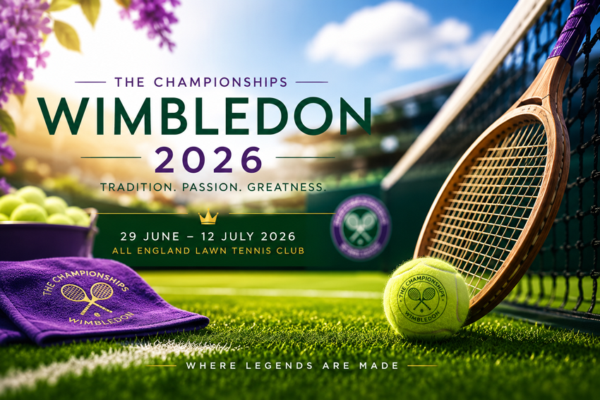 Wimbledon 2026 grass court with tennis ball, net and racket on green lawn