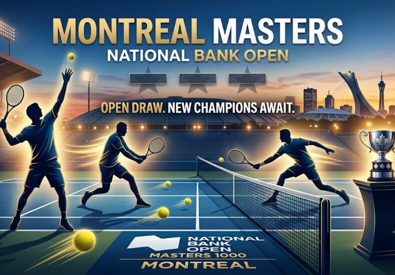 Graphic banner for National Bank Open Montreal Masters featuring tennis player silhouettes on a hard court, net, tennis balls, and championship trophy.