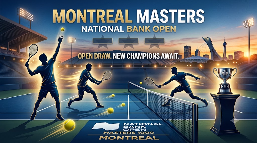 Graphic banner for National Bank Open Montreal Masters featuring tennis player silhouettes on a hard court, net, tennis balls, and championship trophy.