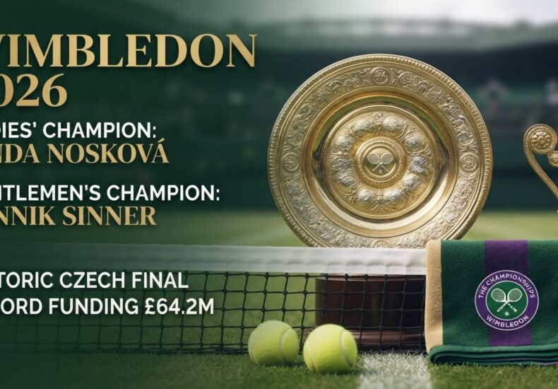 Wimbledon 2026 champions showcase with gold trophies, tennis balls, and net on green grass court