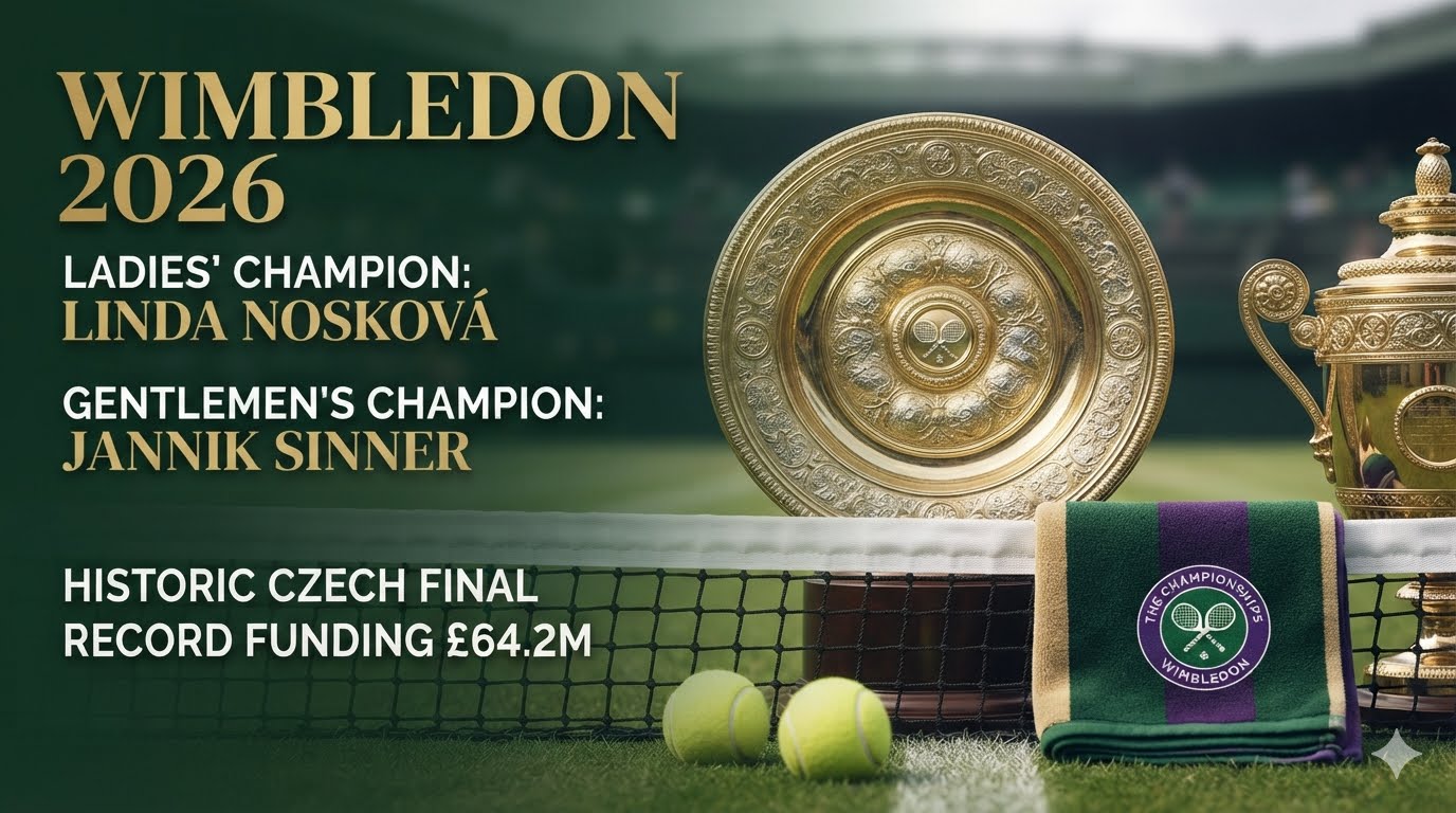 wimbledon-2026-champions-banner | IA Tennis Academy Wimbledon 2026 champions showcase with gold trophies, tennis balls, and net on green grass court