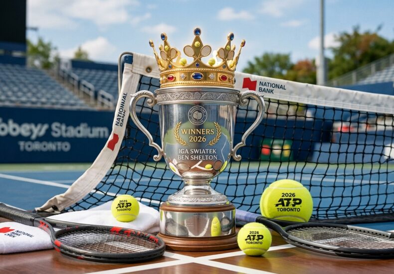 Championship trophy with a golden crown on a tennis court, honoring 2026 Canadian Open winners Iga Swiatek and Ben Shelton.