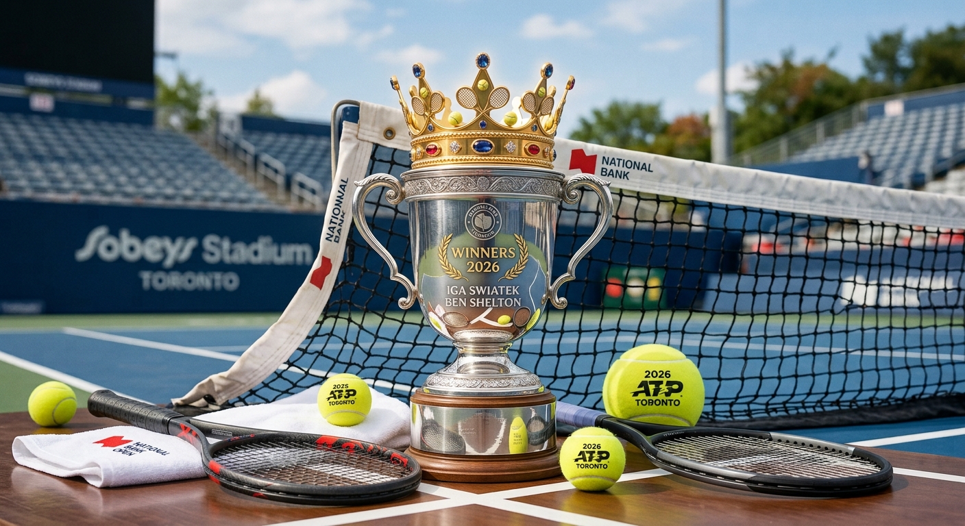 Championship trophy with a golden crown on a tennis court, honoring 2026 Canadian Open winners Iga Swiatek and Ben Shelton.
