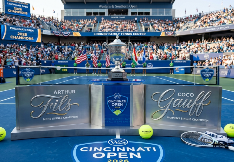 Cincinnati Open 2026 Champions trophy with names of winners Arthur Fils and Coco Gauff on the blue tennis court