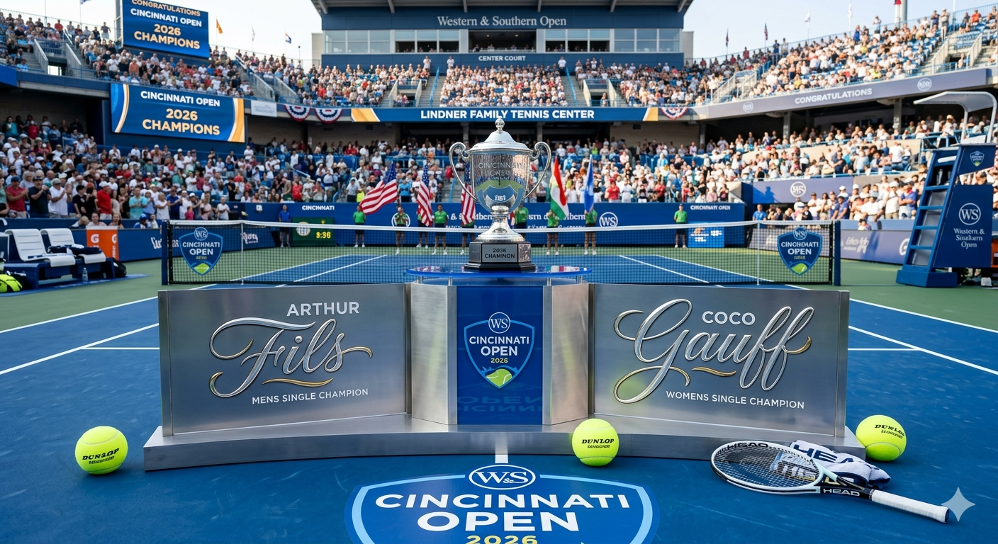 Cincinnati Open 2026 Champions trophy with names of winners Arthur Fils and Coco Gauff on the blue tennis court