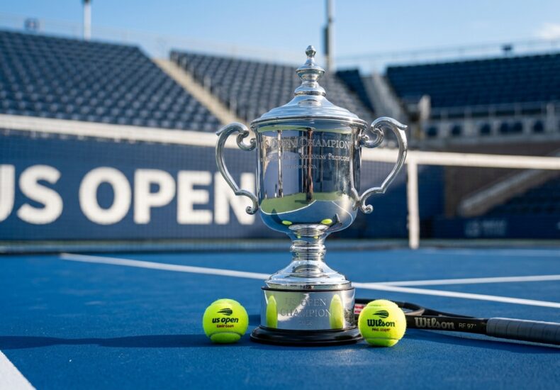 The silver US Open trophy sitting on the vibrant blue hard-court surface at the Billie Jean King National Tennis Center in 2026