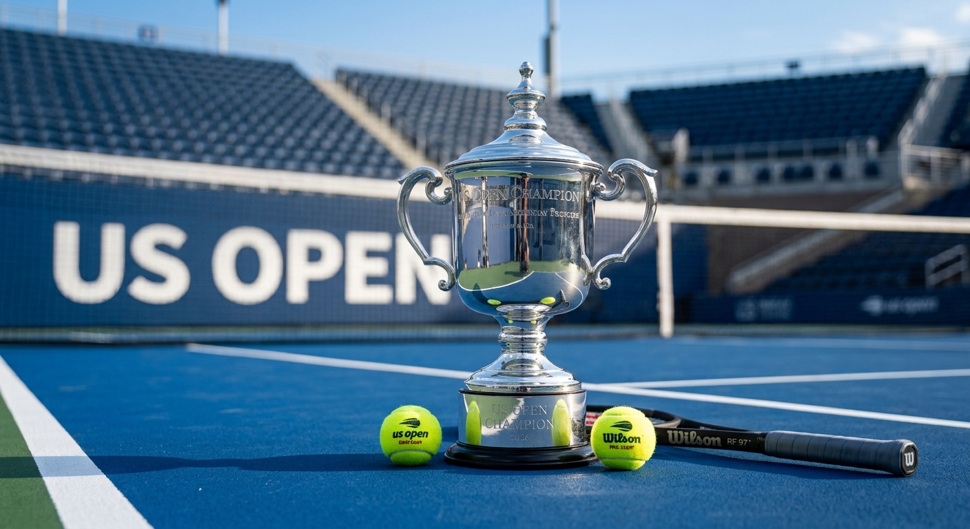 The silver US Open trophy sitting on the vibrant blue hard-court surface at the Billie Jean King National Tennis Center in 2026