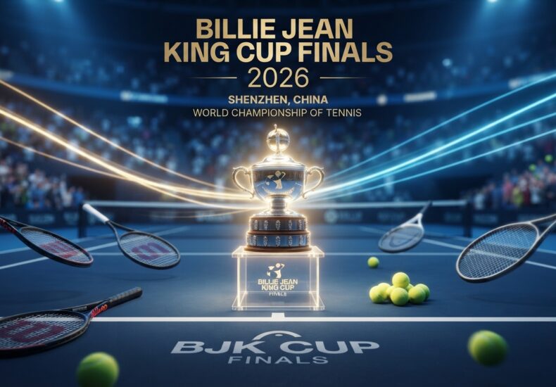 Billie Jean King Cup 2026 trophy on an indoor hard tennis court with racquets and tennis balls
