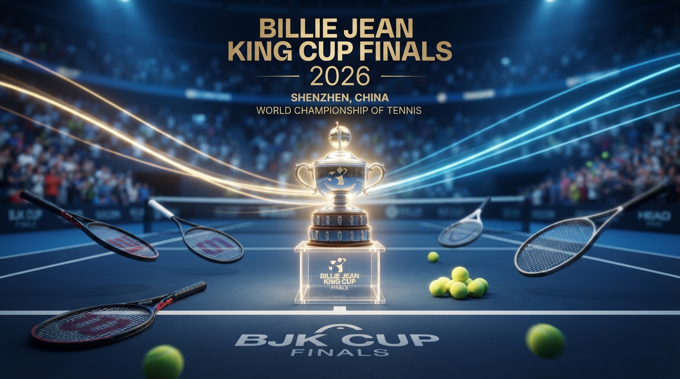 Billie Jean King Cup 2026 trophy on an indoor hard tennis court with racquets and tennis balls