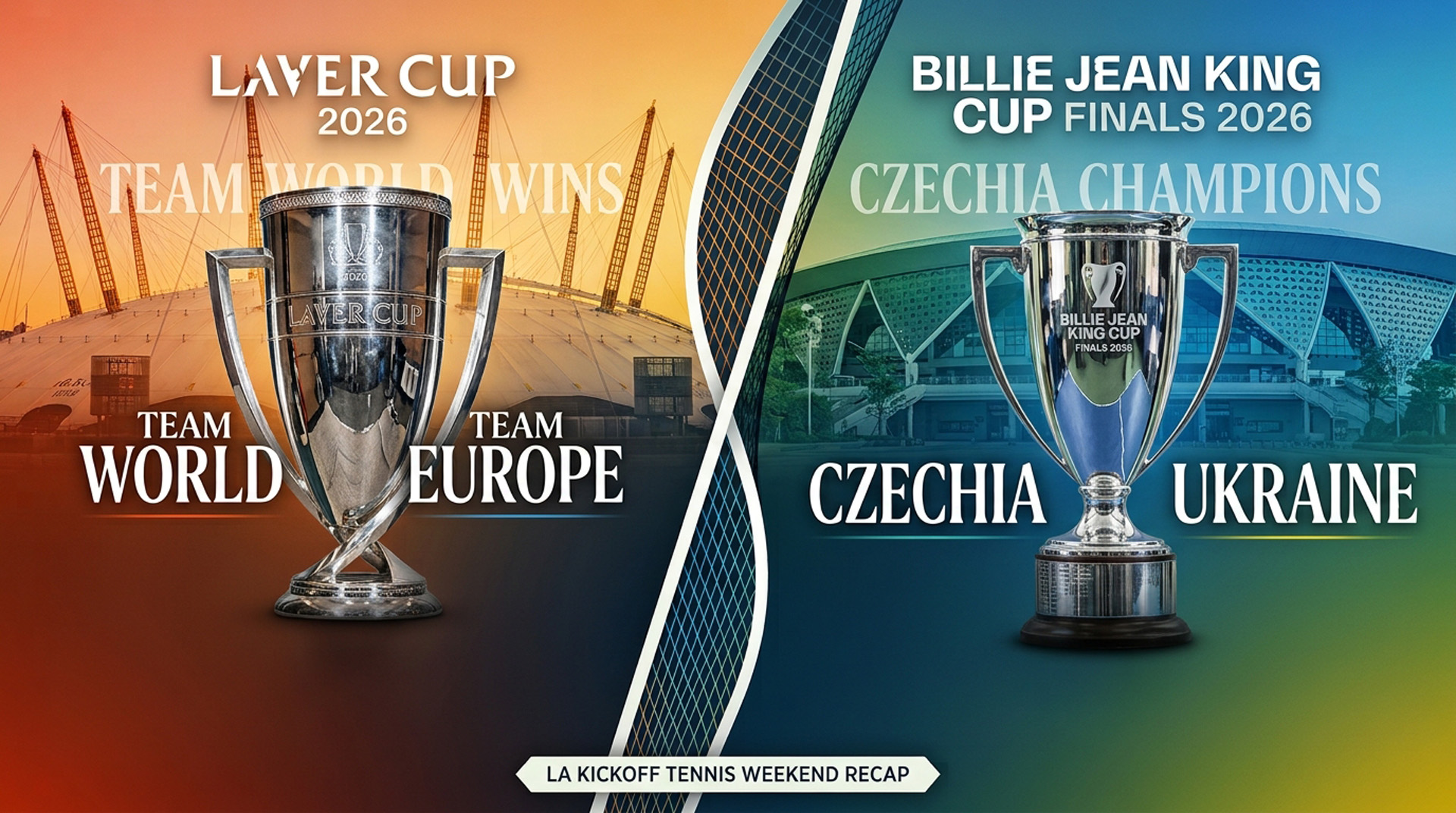 Laver Cup 2026 and Billie Jean King Cup Finals Recap Cover | IA Tennis Academy Laver Cup 2026 trophy and Billie Jean King Cup Finals 2026 trophy split design cover