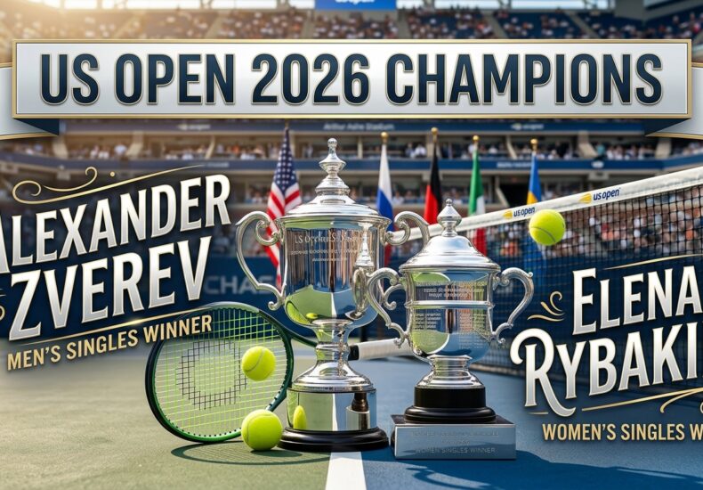 US Open 2026 winners Elena Rybakina and Alexander Zverev with championship trophies at Arthur Ashe Stadium
