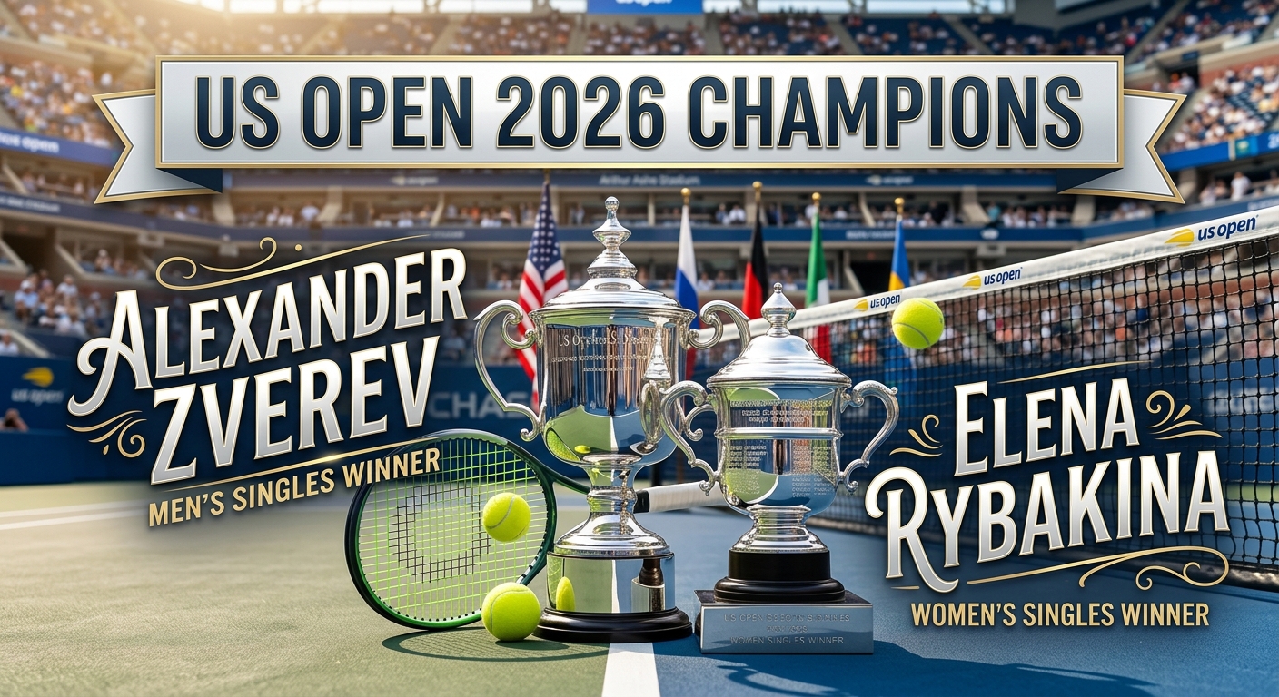 US Open 2026 Champions - Elena Rybakina and Alexander Zverev | IA Tennis Academy US Open 2026 winners Elena Rybakina and Alexander Zverev with championship trophies at Arthur Ashe Stadium