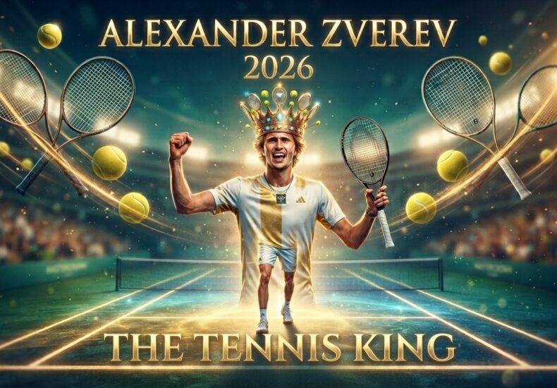 Alexander Zverev crowned as The Tennis King 2026 holding a tennis racket with gold championship trophy design and neon tennis court.
