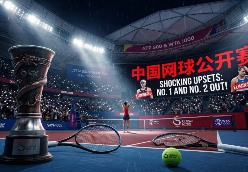 Dramatic view of the China Open tennis court in Beijing with the trophy, tennis rackets, and giant screen displaying top seed eliminations.