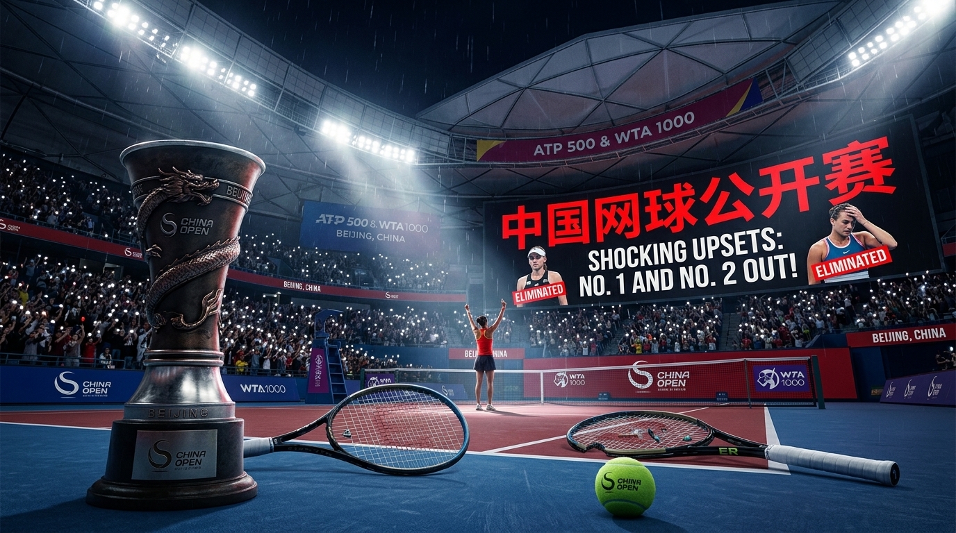 Dramatic view of the China Open tennis court in Beijing with the trophy, tennis rackets, and giant screen displaying top seed eliminations.