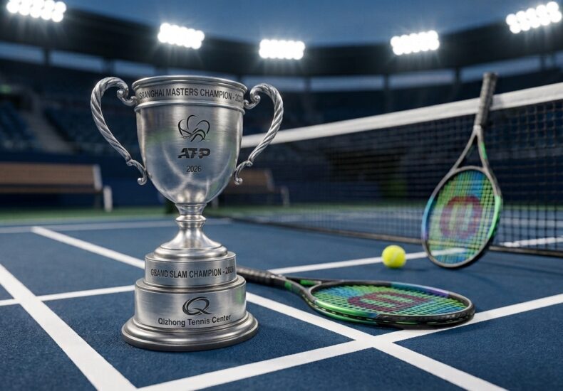 Shanghai Masters tennis championship trophy and racket on hard court for the 2026 final