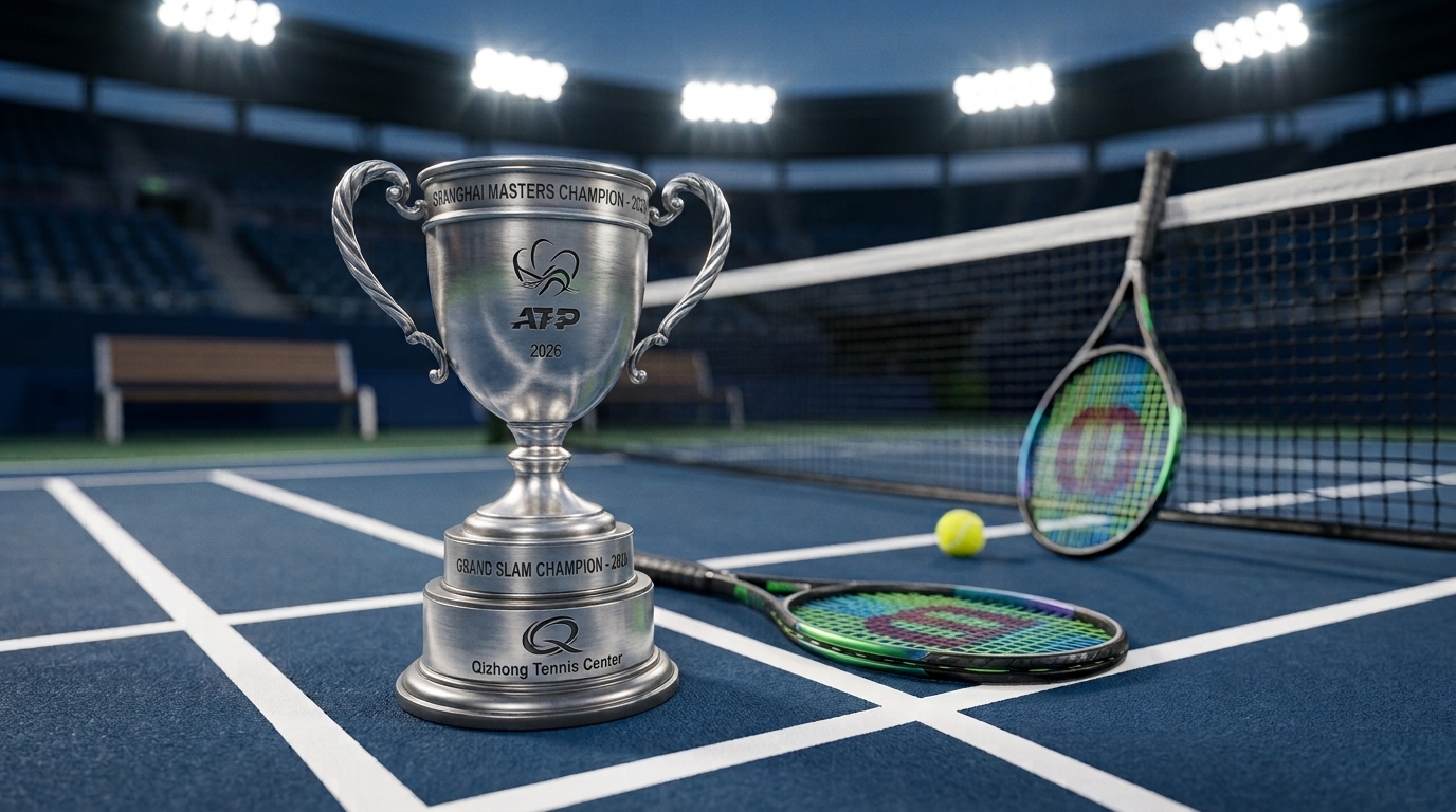 2026 Shanghai Masters Trophy - Davidovich Fokina | IA Tennis Academy Shanghai Masters tennis championship trophy and racket on hard court for the 2026 final